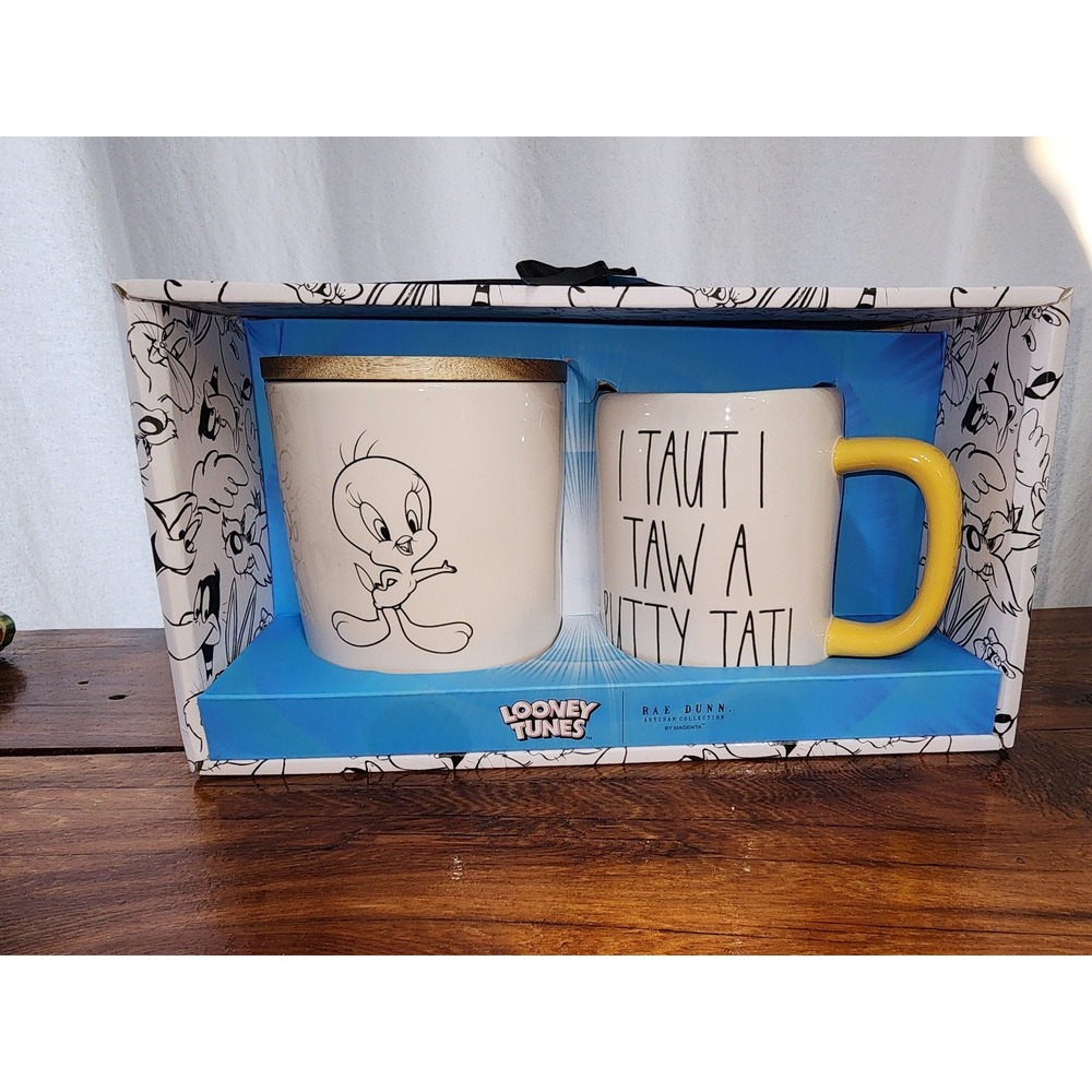 Rae Dunn Looney Tunes TWEETY BIRD Mug Cellar Set NEW "I TAUT I TAW A PUTTY TAT!"
